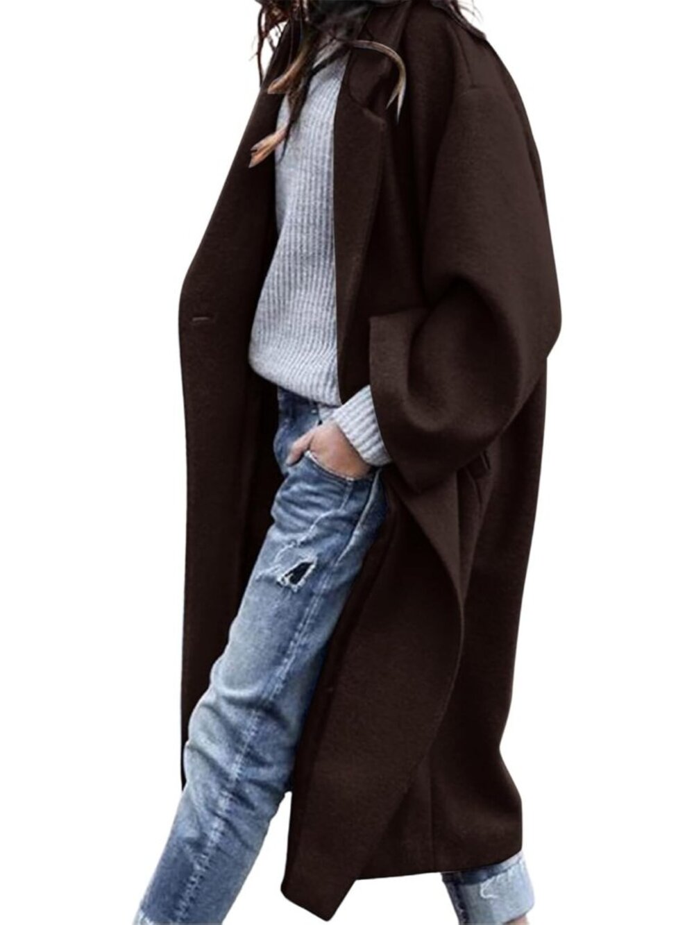 Women's Coffee Notched Collar Wool Blend Single Breast Midi Long Trench Coat